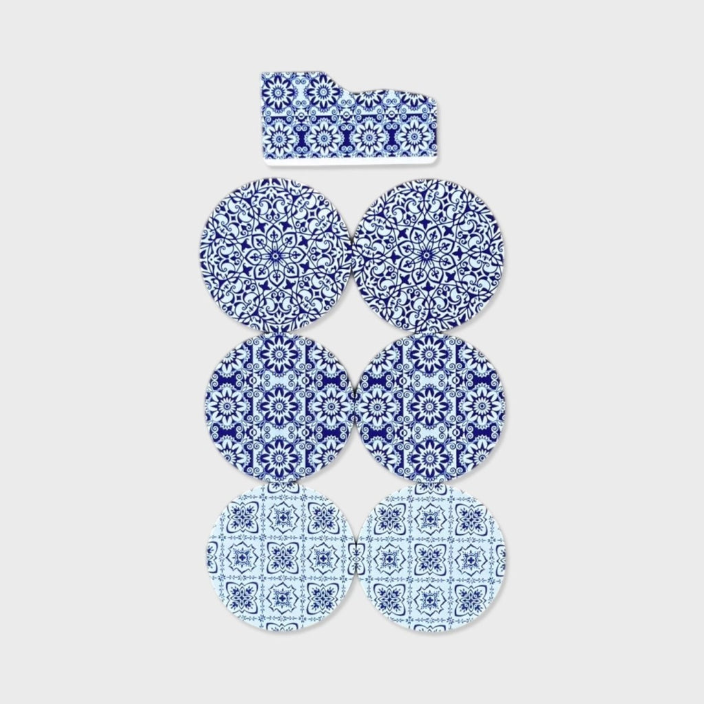 7PC Modern Printed Coaster & Stand Set - Blue Bohemian Circle - Style Phase Home
