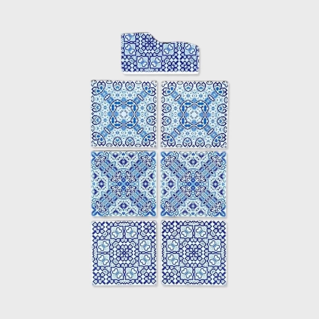7PC Modern Printed Coaster & Stand Set - Blue Bohemian Square - Style Phase Home