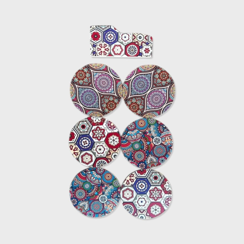 7PC Modern Printed Coaster & Stand Set - Red & Blue Geometric Circle - Style Phase Home