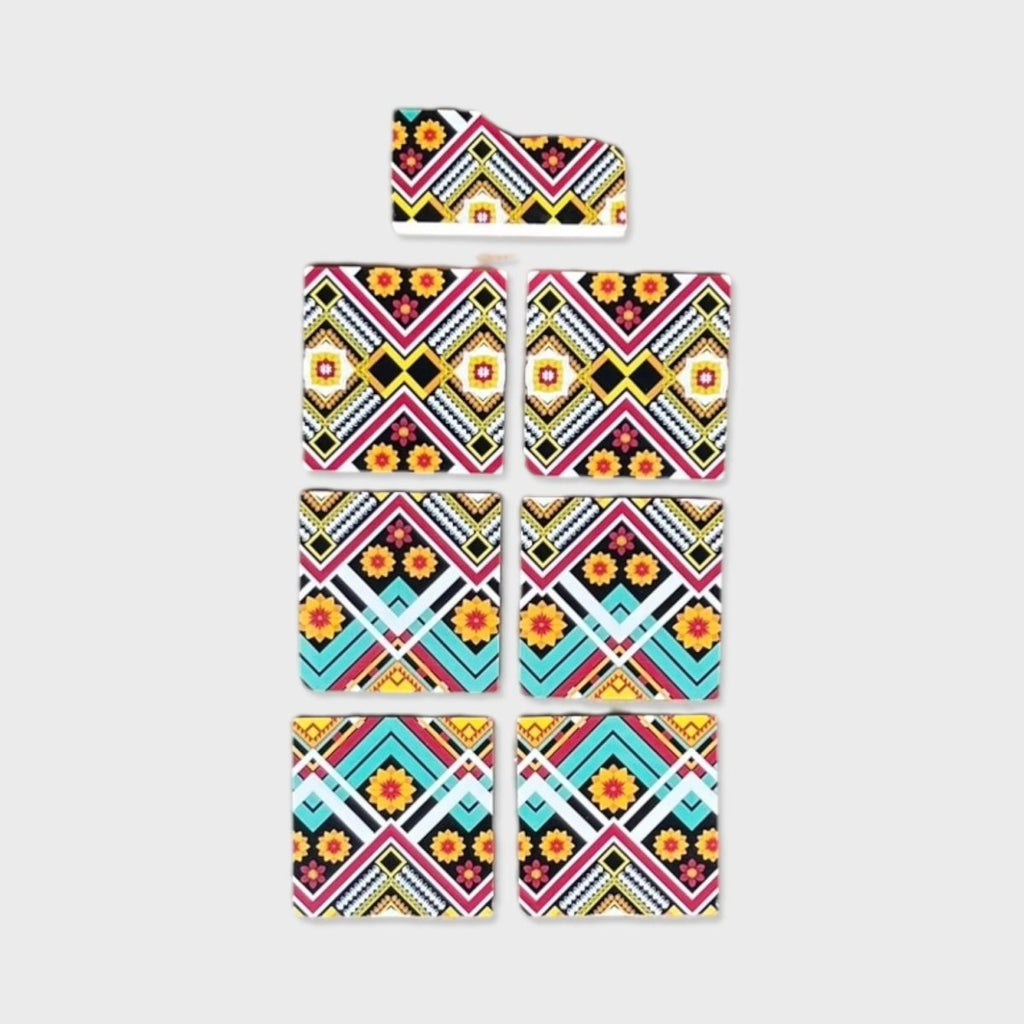 7PC Modern Printed Coaster & Stand Set - Red Geometric Square - Style Phase Home