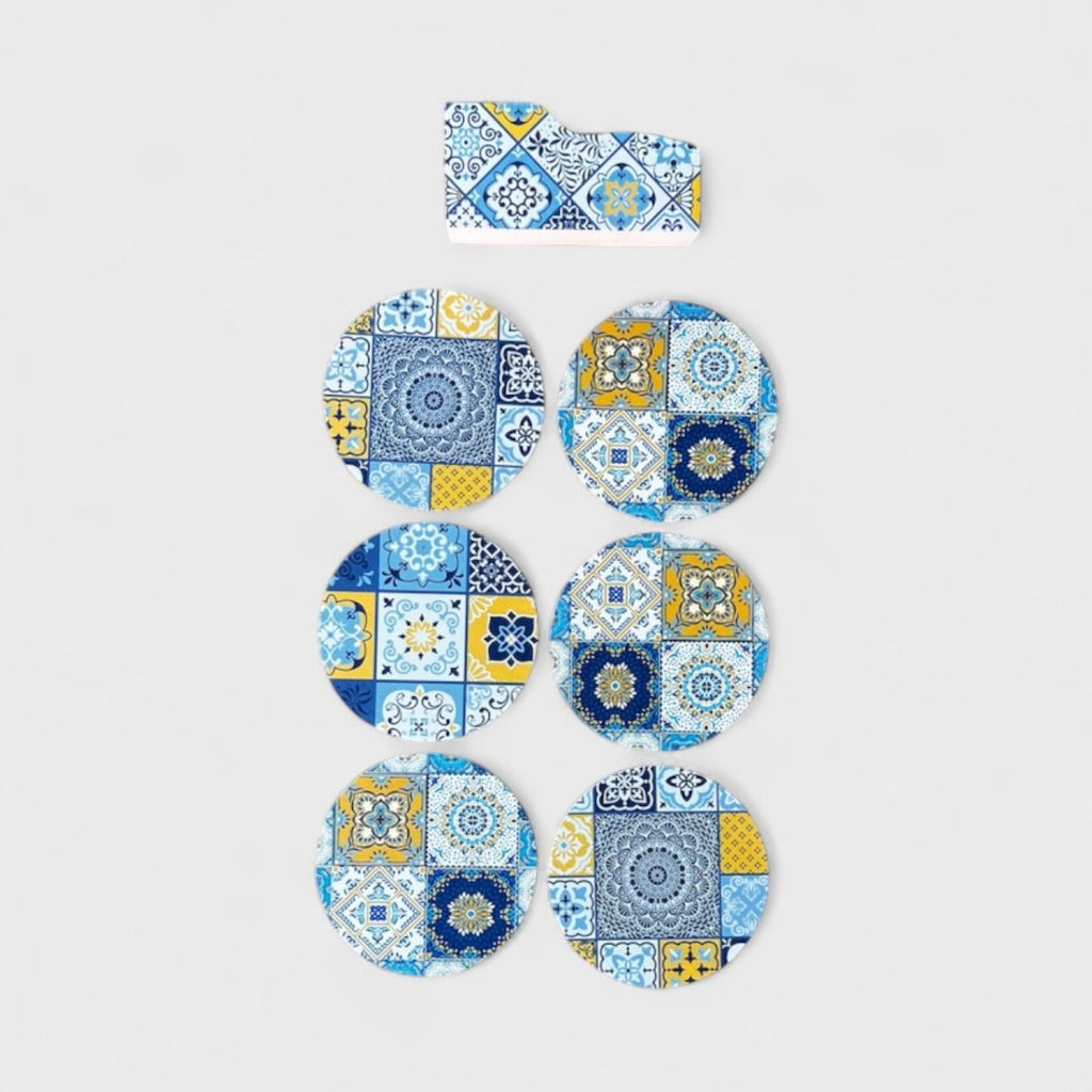 7PC Modern Printed Coaster & Stand Set - Yellow & Blue Geometric Circle - Style Phase Home