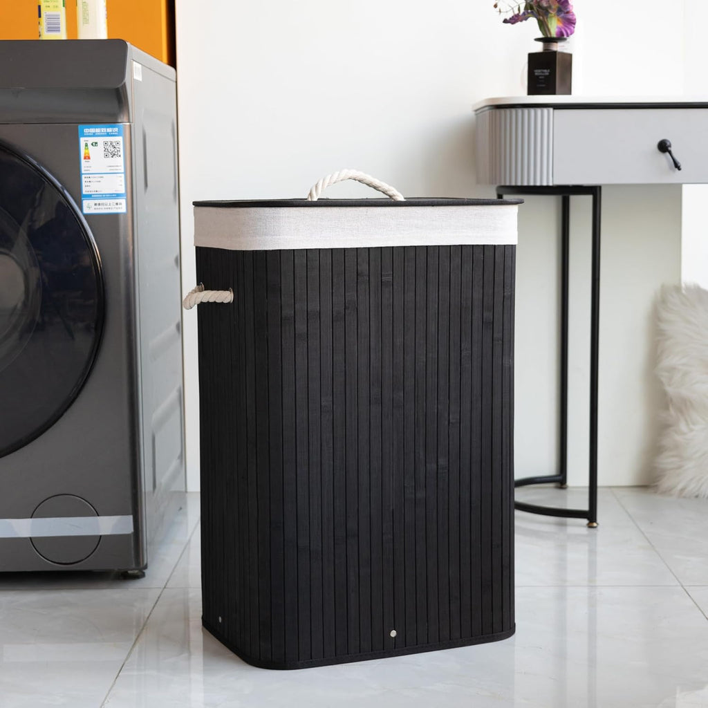 Foldable Rectangle Bamboo Laundry Basket - 60 L - Black
