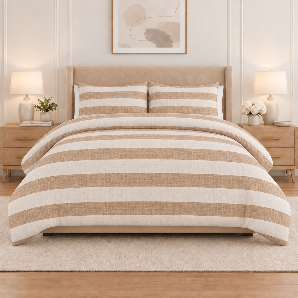3PC Tela Printed Microfibre Comforter - Beige & White Stripe