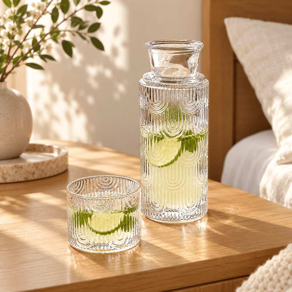 850ml Embossed Glass Carafe with Matching Cup/Lid - Home Phase