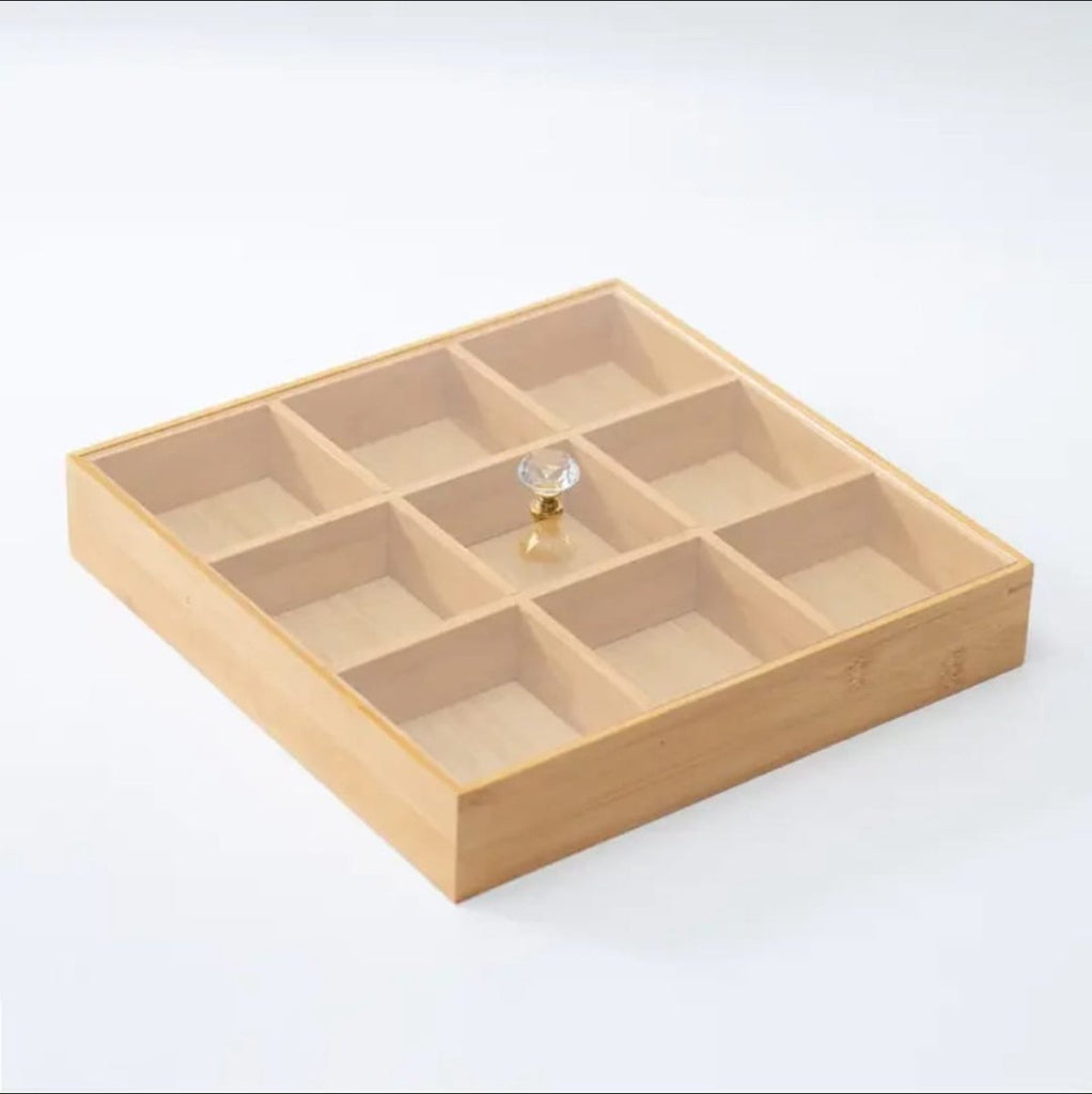 9 Compartment Bamboo Storage Box With Acrylic Lid & Crystal Knob - Home Phase