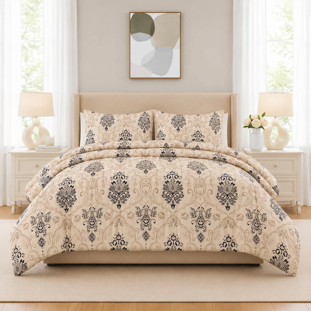 3PC Urban Printed Microfibre 80gsm Comforter - Cream Damask