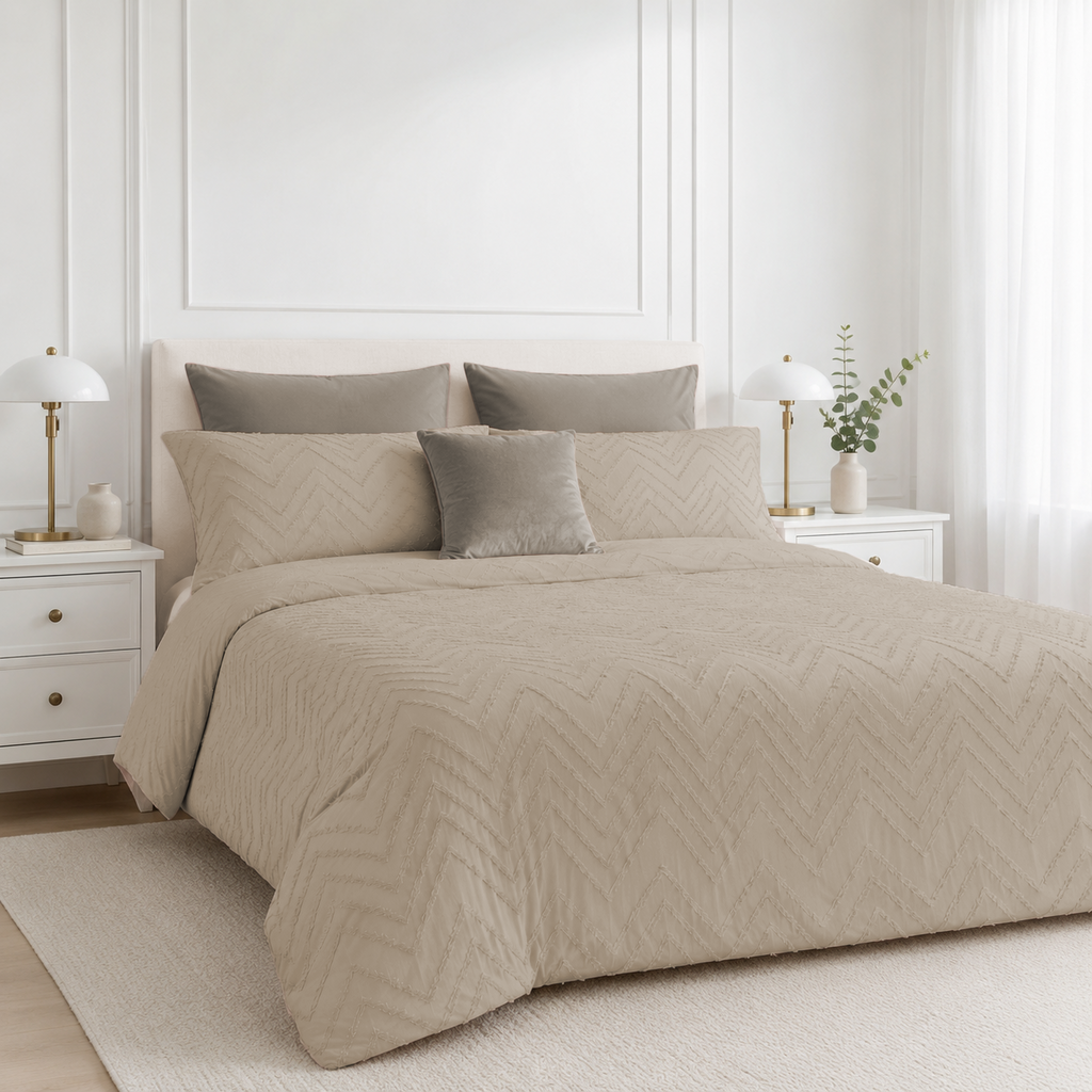 3PC Pierre Cardin Textured Polycotton Duvet Cover - Segmented Tufted Taupe