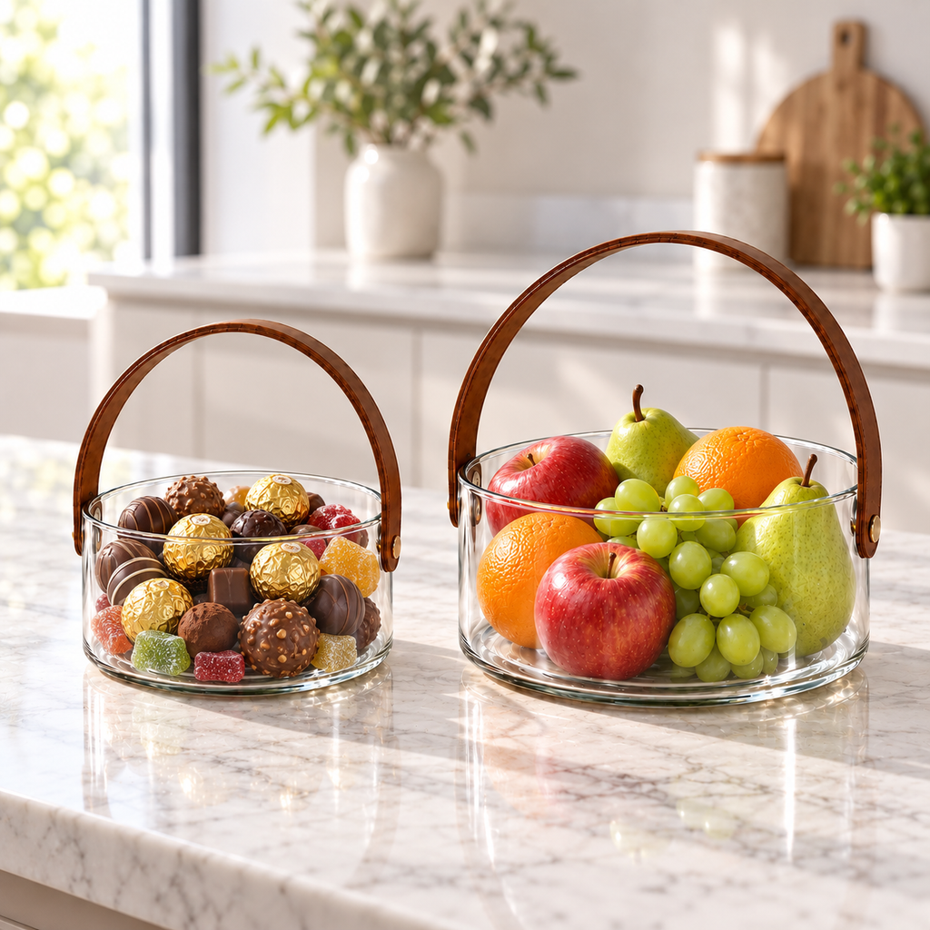 Clear Glass Serving Bowl with Leather Handle