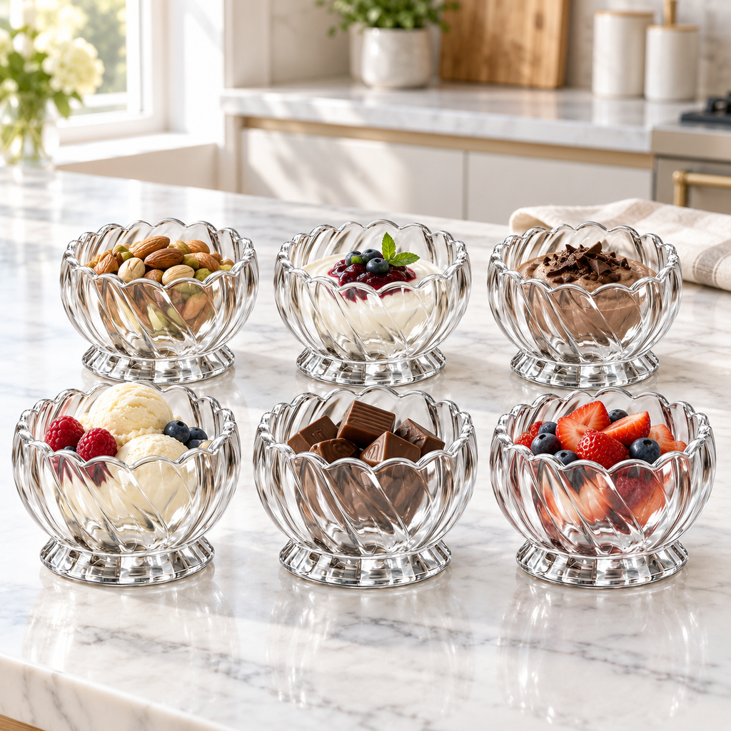 6PC Glass Dessert Bowl Set – 160ml Scalloped Bowls with Swirl Design