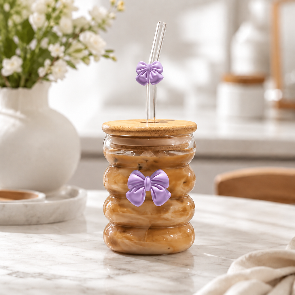 Bubble Glass With Bamboo Lid, Glass Straw & Bows