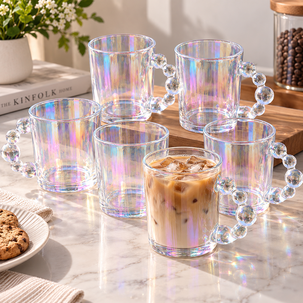 6PC Bubble Handle Glass Cup - Shiny - 300 ml