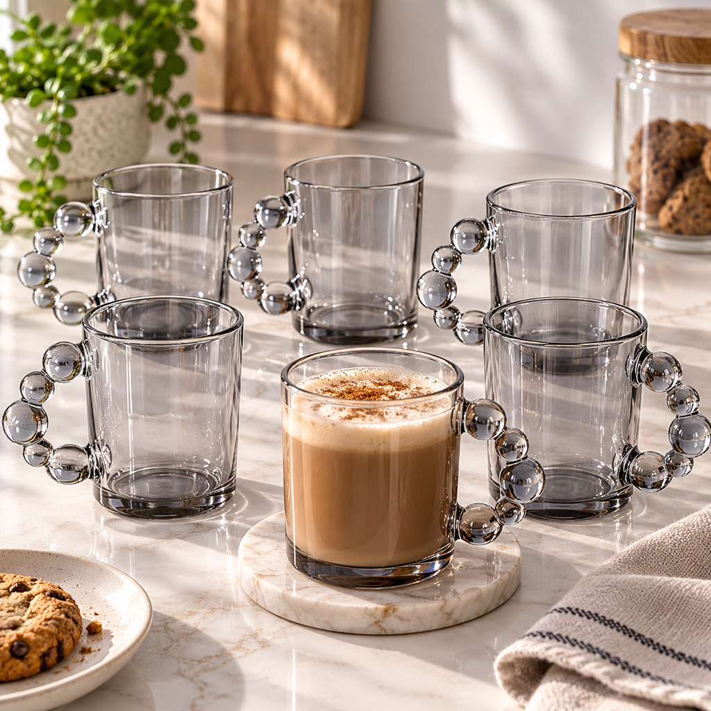 6PC Bubble Handle Glass Cup - Grey - 300 ml