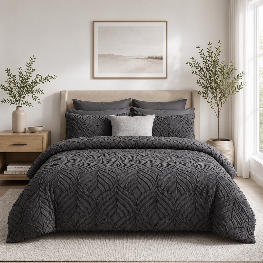 3PC Pierre Cardin Textured Polycotton Duvet Cover - Clipped Leaf Charcoal