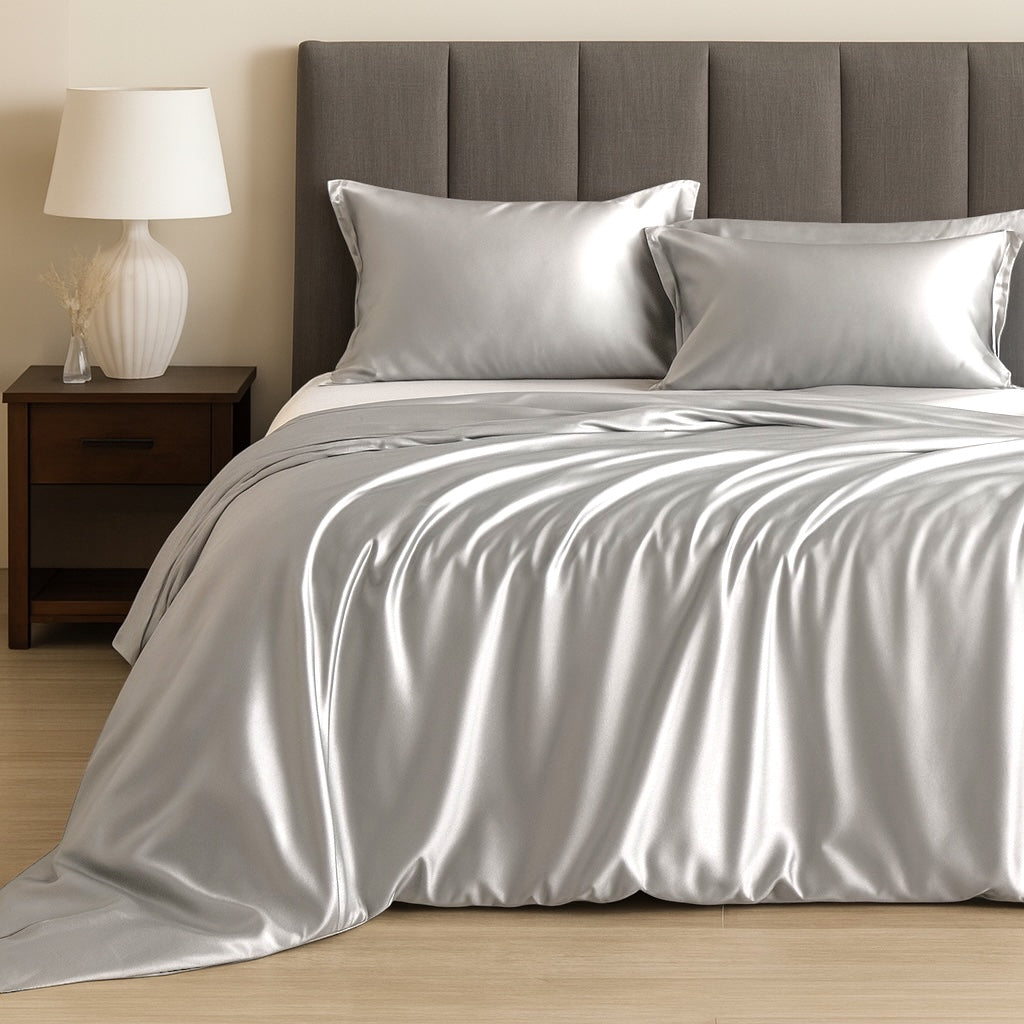 3PC Satin Duvet Cover Set - Silver Grey