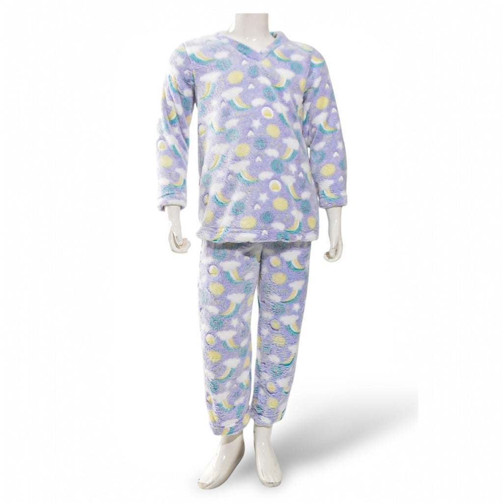 Kids Super Soft Fleece Glow In The Dark Pyjamas - Purple Sun & Cloud