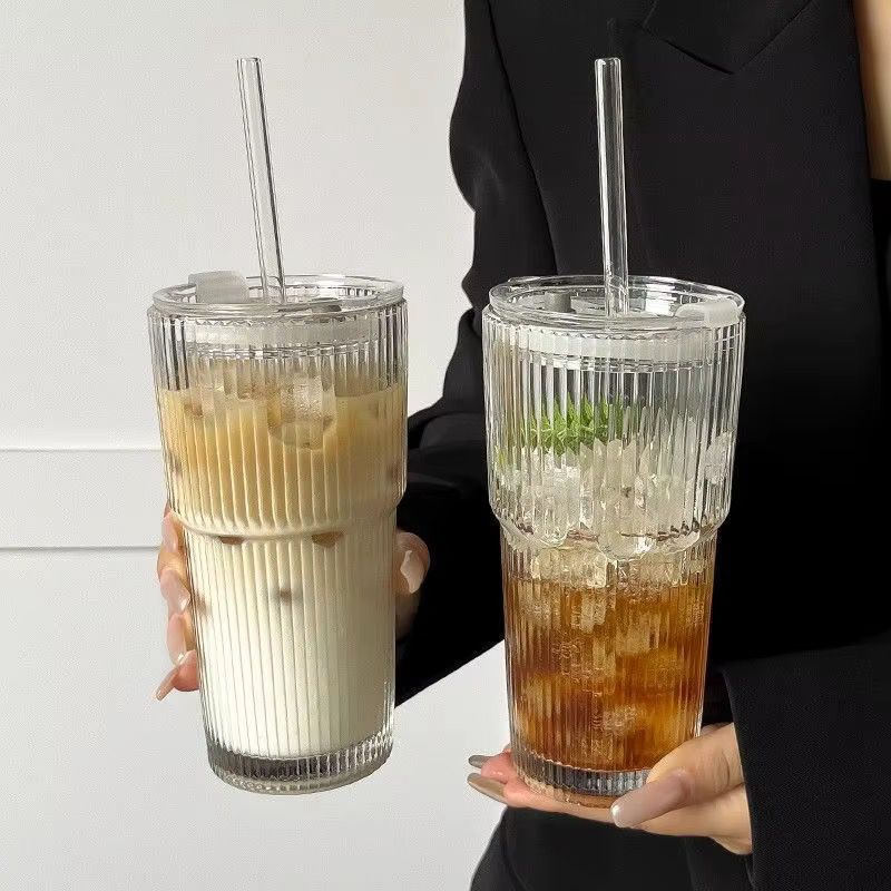 Ribbed Glass Cup With Lid & Straw