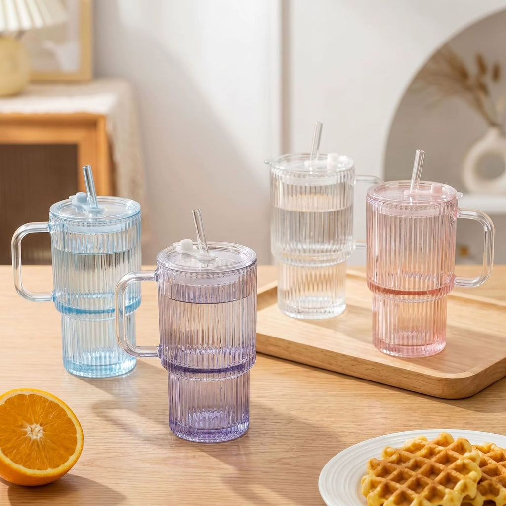 Ribbed Glass Cup With Lid, Straw & Handle - Coloured