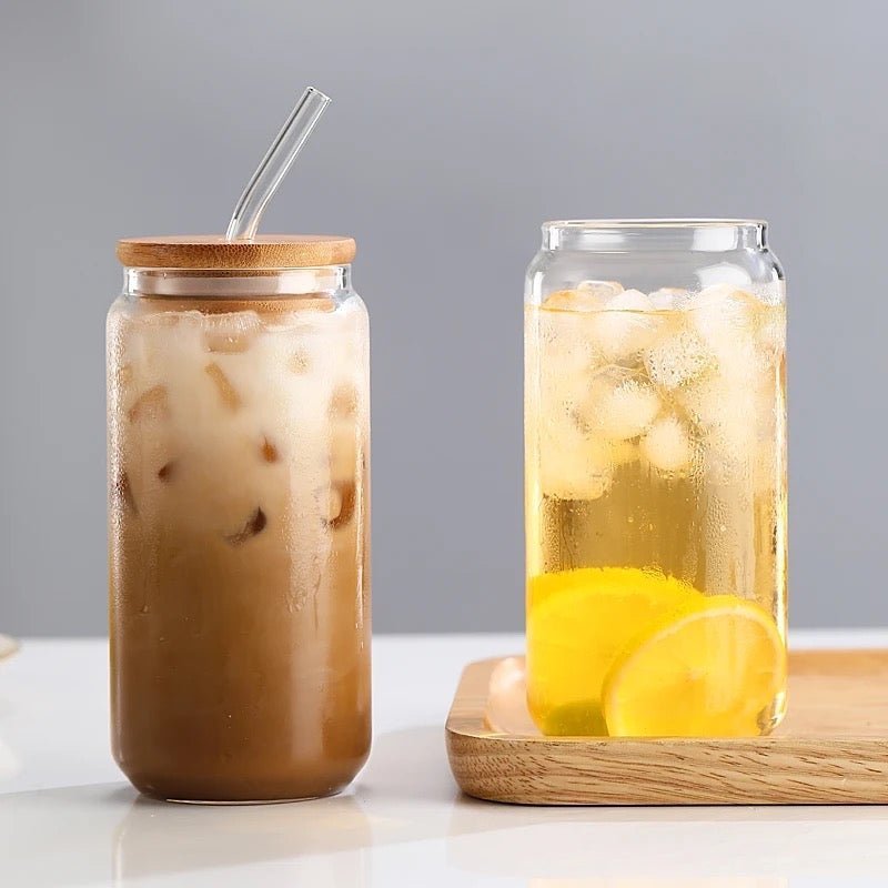 Bamboo Lid Can Glass With Glass Straw - 500 ml - Style Phase Home