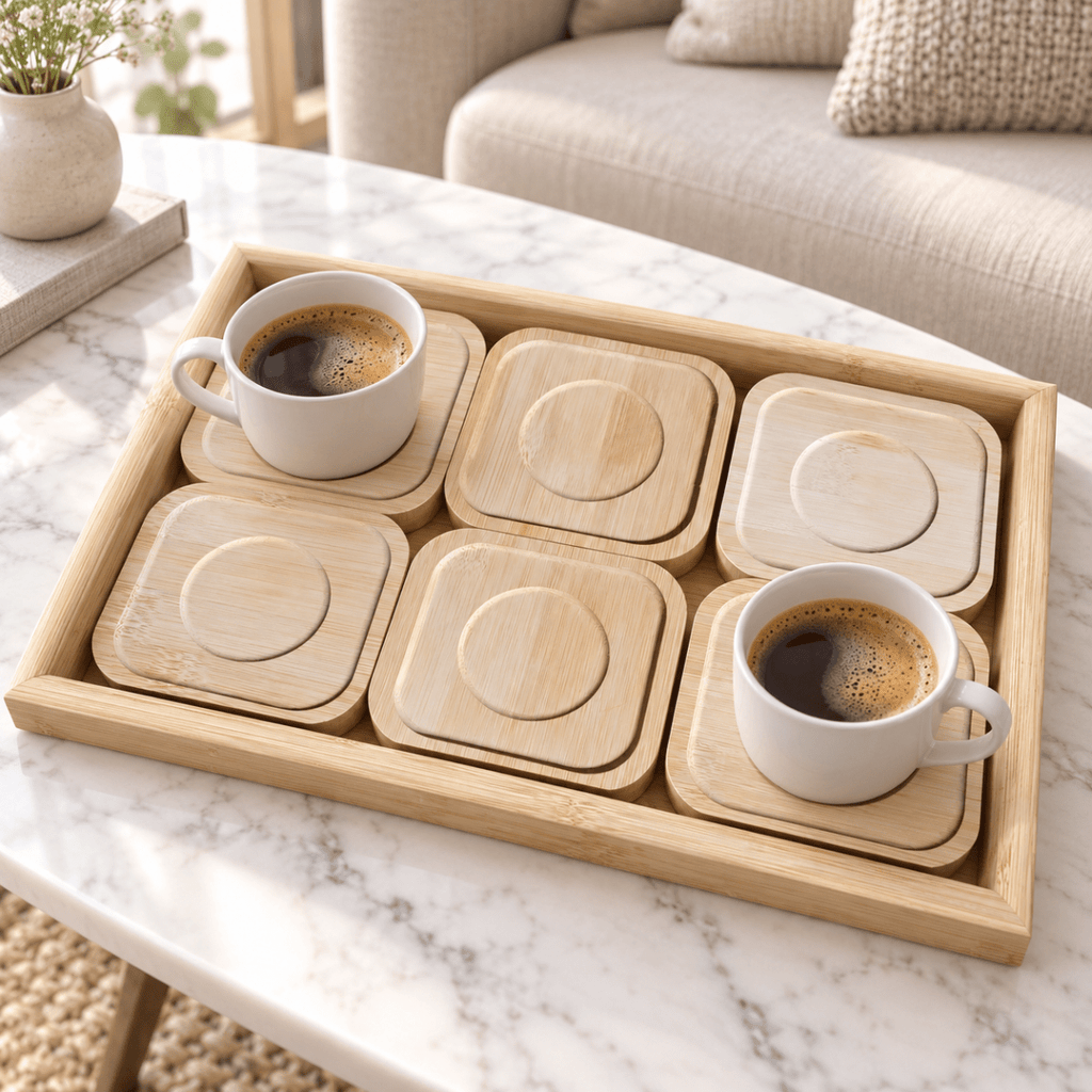 Bamboo Serving Tray with Square Coasters – Natural Bamboo Drinkware & Tabletop Set - Home Phase