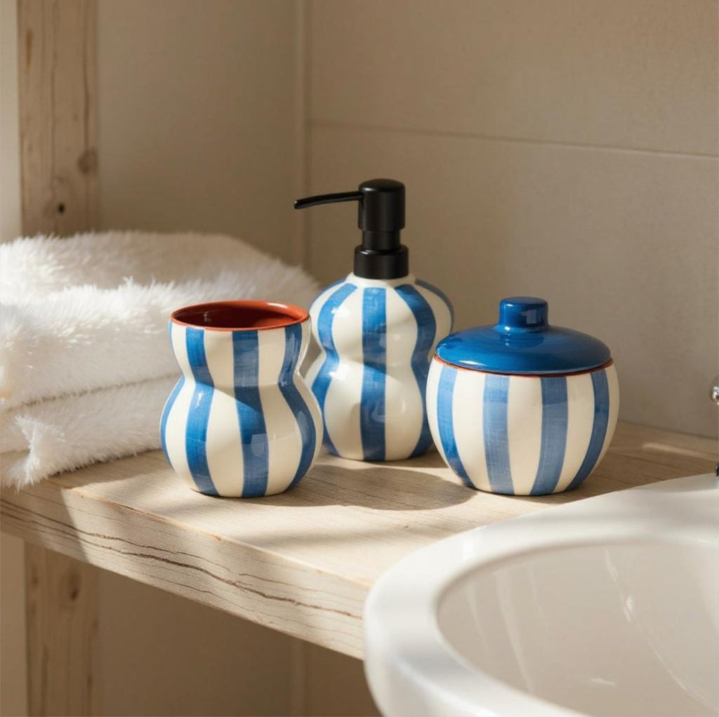 Blue & White Stripe Bathroom Accessories - Home Phase