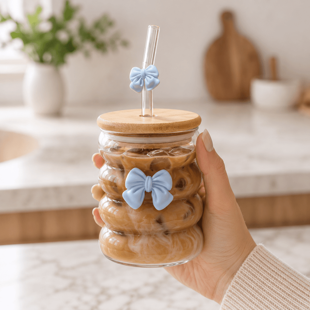 Bubble Glass With Bamboo Lid, Glass Straw & Bows - Home Phase
