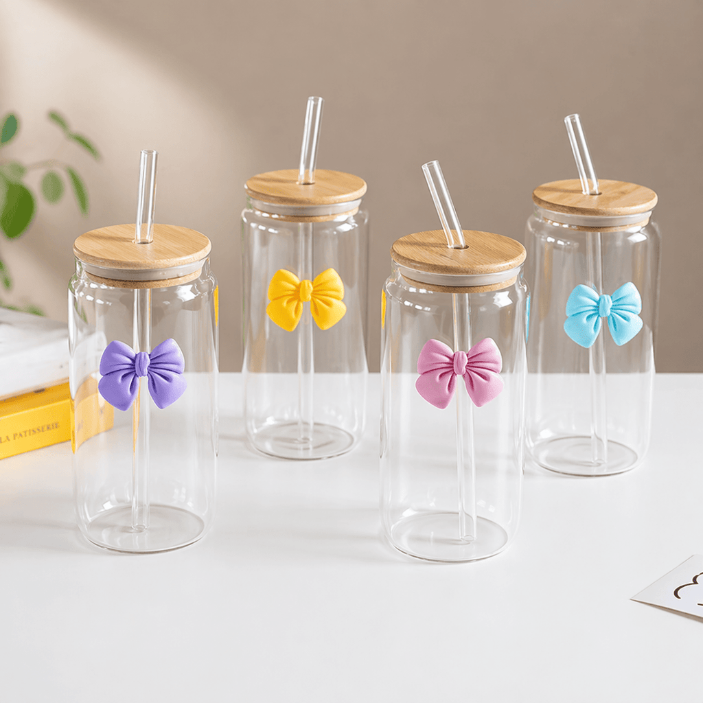 Can Glass With Bamboo Lid, Glass Straw And Bows - 500 ml - Home Phase