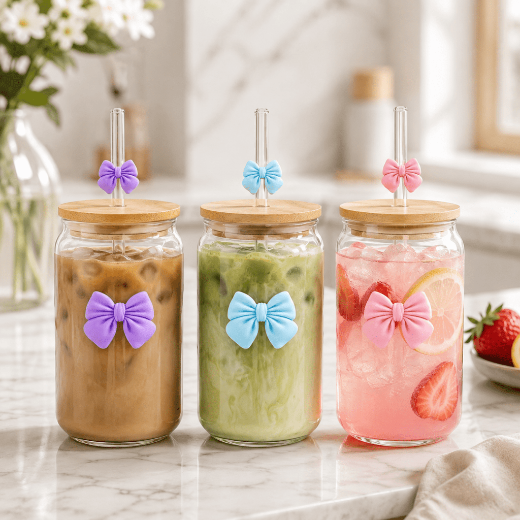 Can Glass With Lid And Straw And Bows - Home Phase