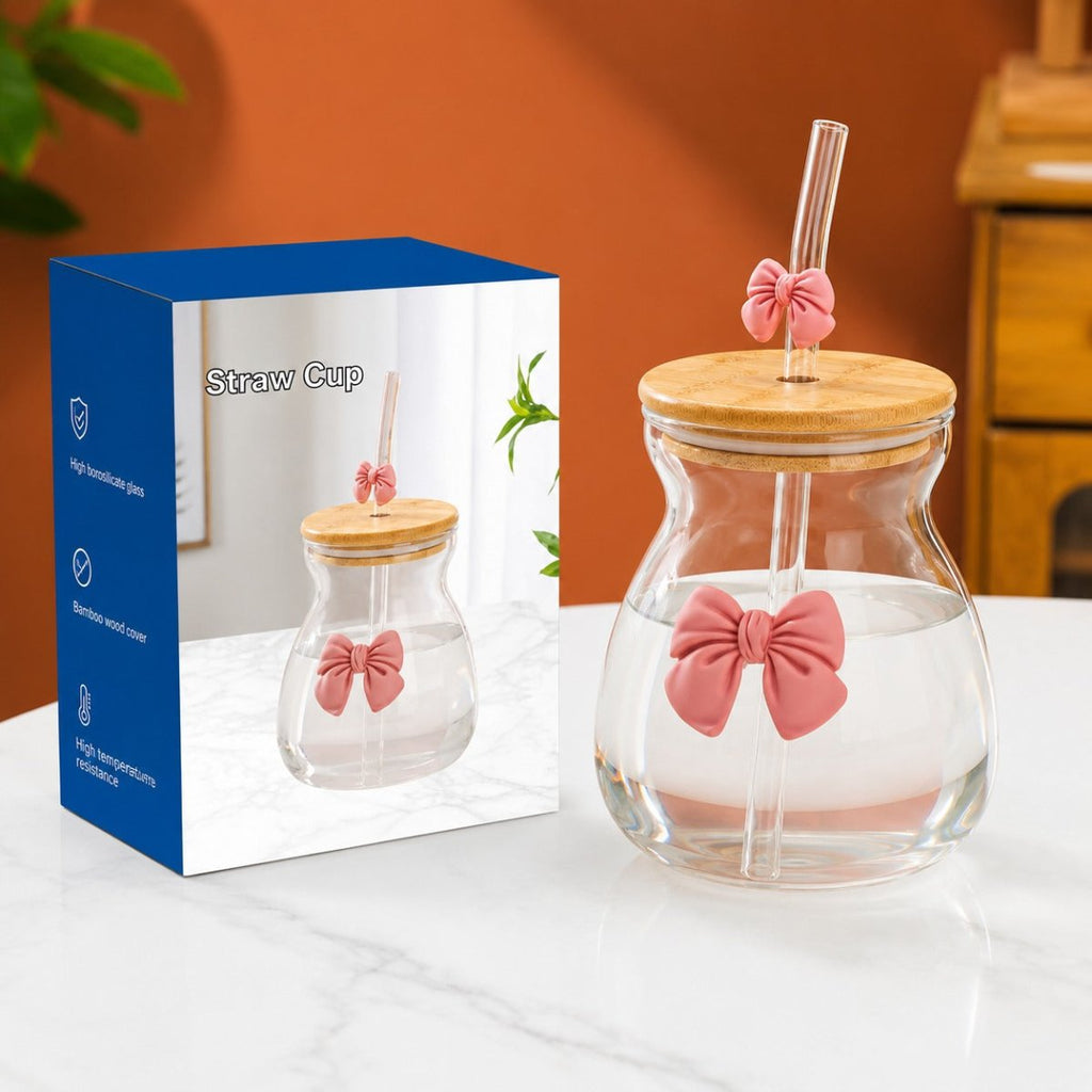 Cute Bow Glass Cup With Straw And Lid - Home Phase