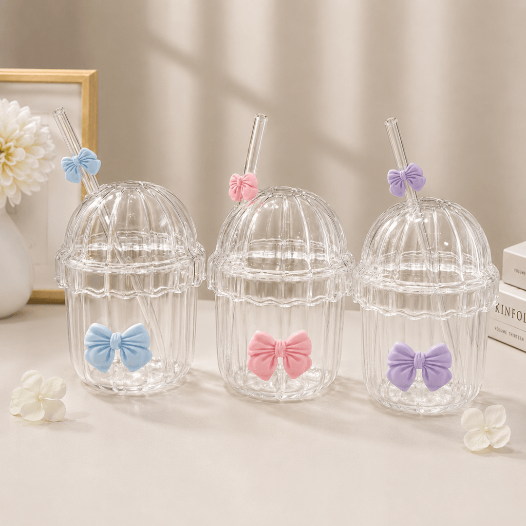 Cute Bow Glass With Lid And Straw - 380 ml - Home Phase
