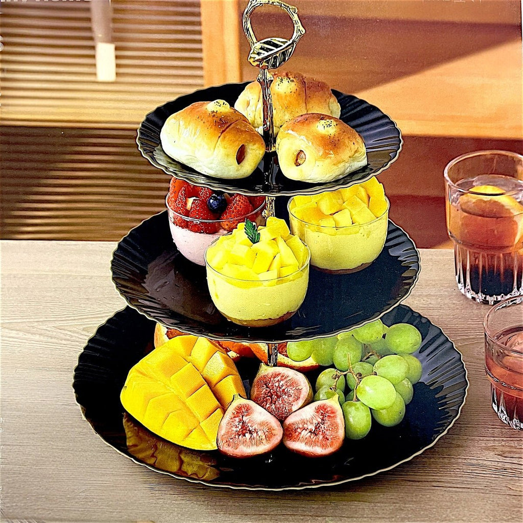 Danny Home 3 Tier Opal Glass Dessert Tray - Black & Gold Rim - Style Phase Home