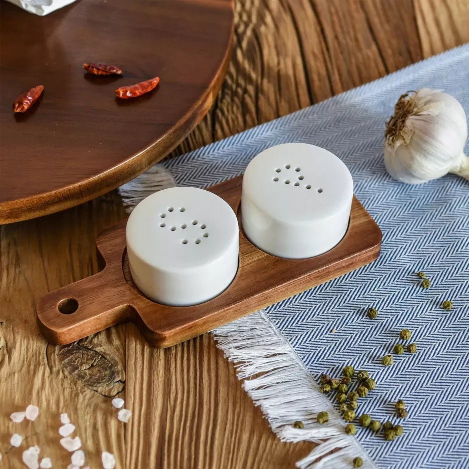 Danny Home Porcelain Salt & Pepper Shaker on Acacia Wood Board - Style Phase Home