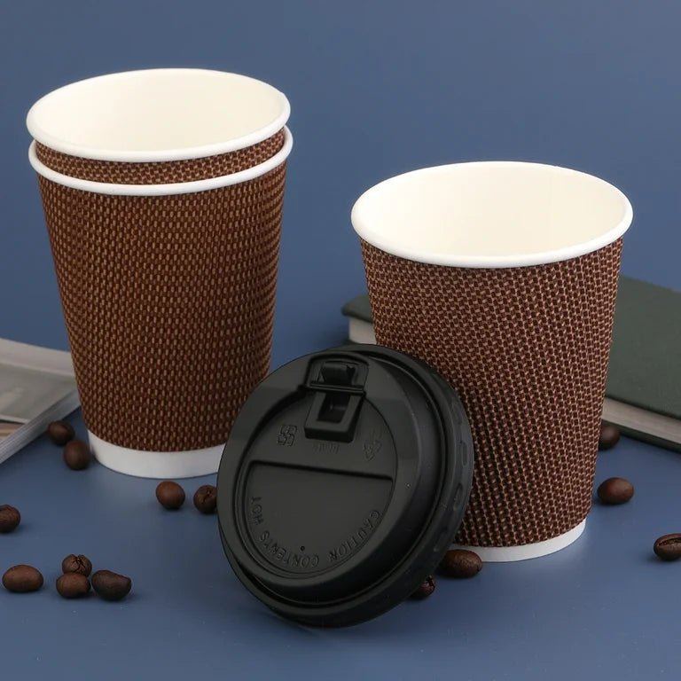 Double Wall Ripple Kraft Coffee Cups With Lid - Pack of 25 - Style Phase Home