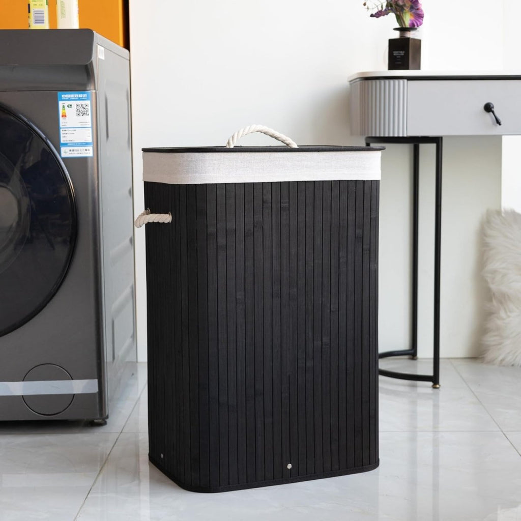 Foldable Rectangle Bamboo Laundry Basket - 60 L - Black - Home Phase