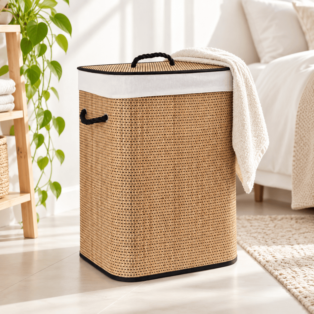 Foldable Rectangle Bamboo Laundry Basket - 60 L - Black Trim - Home Phase