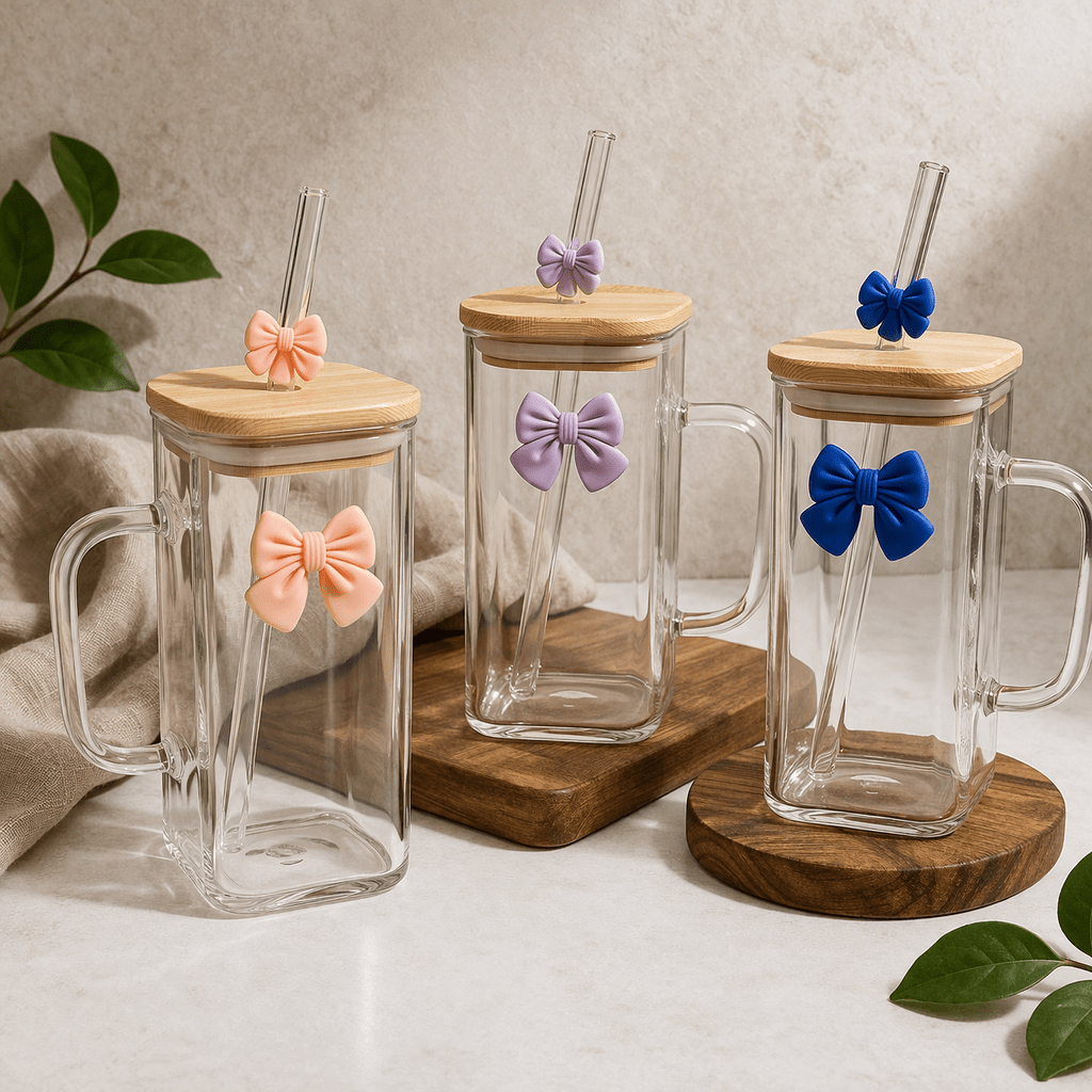 Glass Cup With Bamboo Lid, Glass Straw And Bows - Home Phase