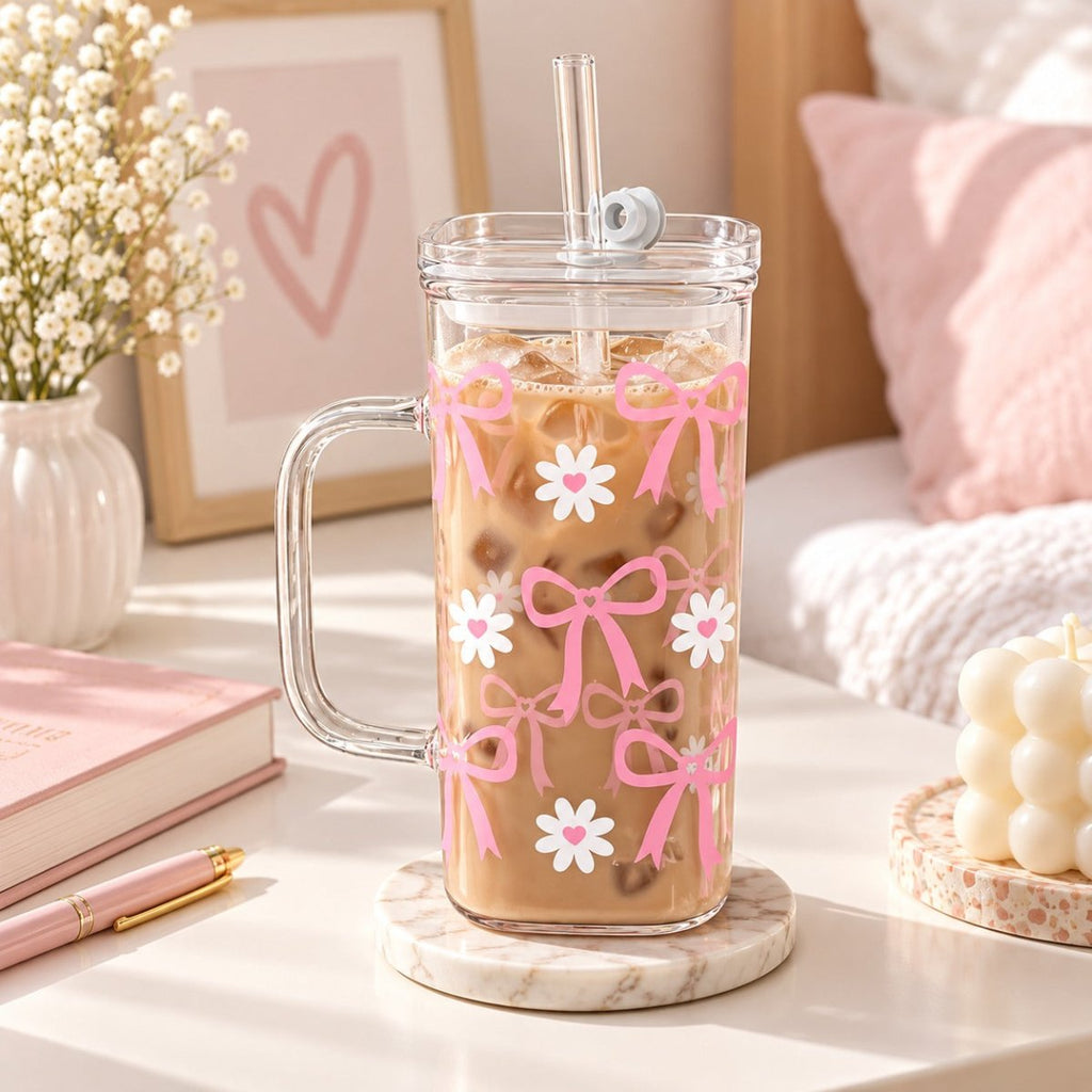 Glass Cup with Lid, Straw & Handle – Pink Bow Print – 300 ml - Home Phase