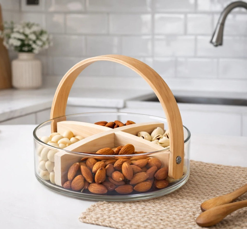 Glass Serving Bowl with Bamboo Handle & 4-Section Divider – 18 × 6 cm - Home Phase