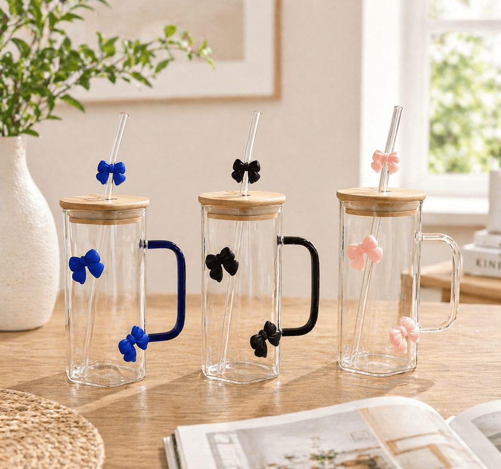 Hexagon Glass Cup With Bows, Bamboo Lid & Straw - Home Phase