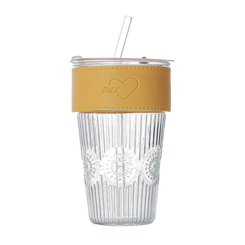 Insulated Portable Glass Coffee Cup With Straw And Lid - 460ml - Style Phase Home