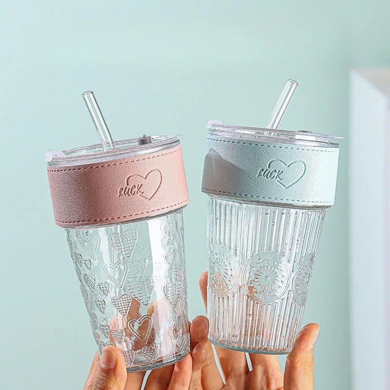 Insulated Portable Glass Coffee Cup With Straw And Lid - 460ml - Style Phase Home