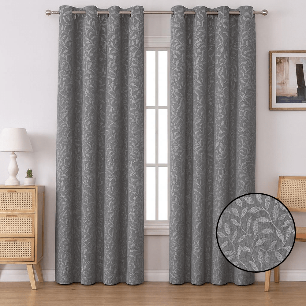Kiara Lined Jacquard Eyelet Curtain - Leaf Design - 200 x 225 cm - Home Phase