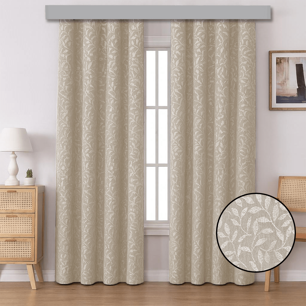 Kiara Taped & Lined Jacquard Curtain - Leaf Design - 230 x 218 cm - Home Phase