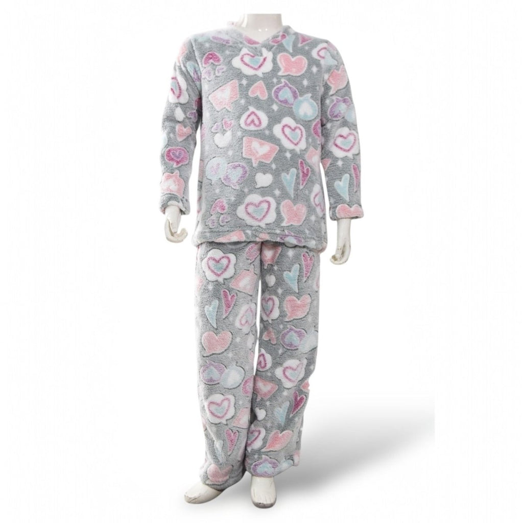 Kids Super Soft Fleece Glow In The Dark Pyjamas - Grey Hearts - Style Phase Home