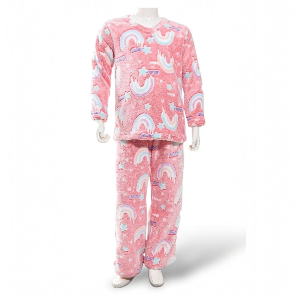 Kids Super Soft Fleece Glow In The Dark Pyjamas - Pink Rainbow - Style Phase Home