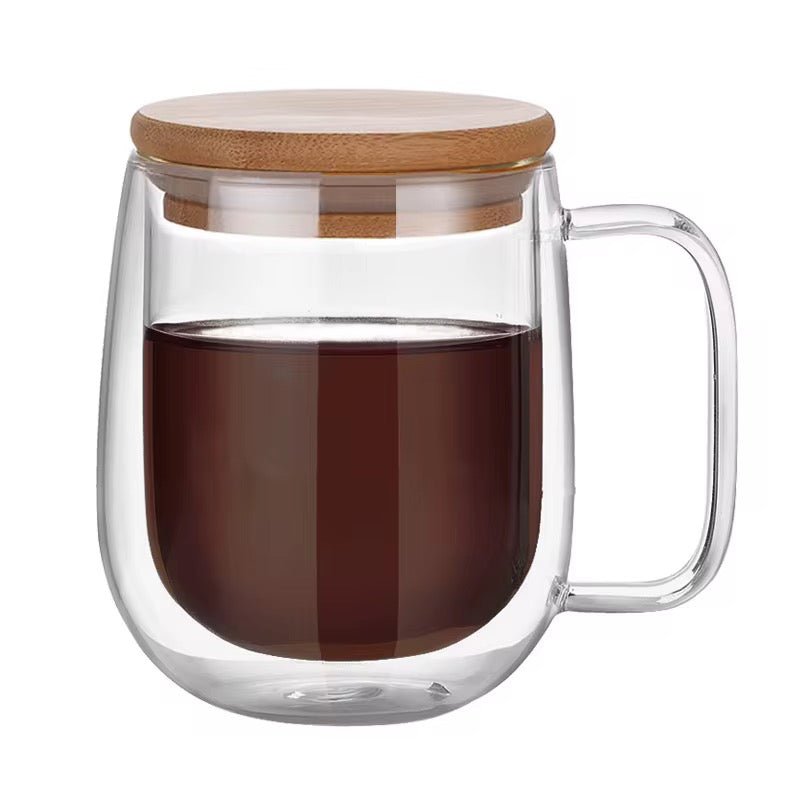 Nordic Bamboo Lid Double Wall Glass Mug - 350 ml - Style Phase Home