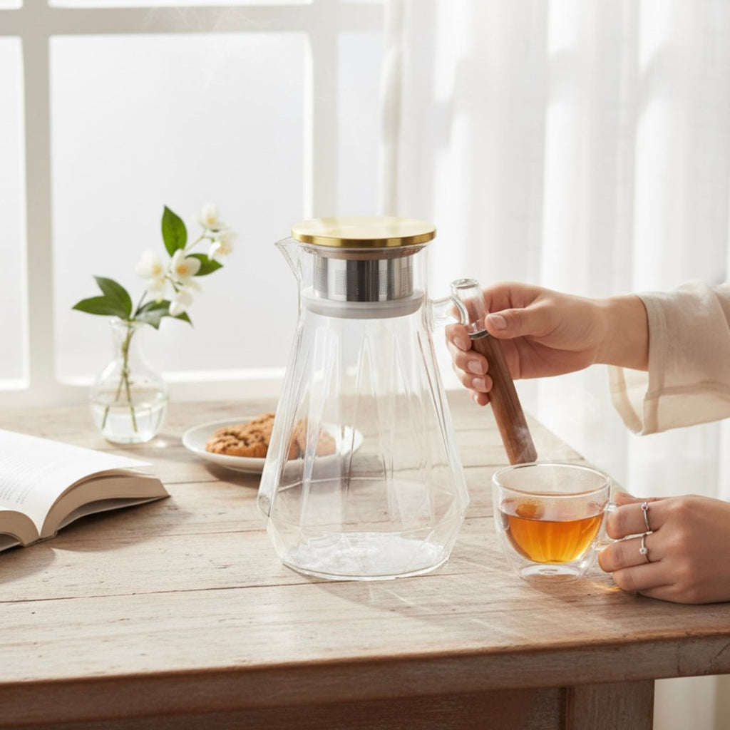 Nordic Borosilicate Glass Tea Pot With Wooden Handle & Gold Lid - 1.8 L - Home Phase