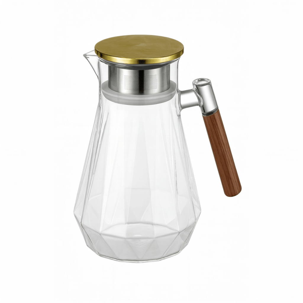Nordic Borosilicate Glass Tea Pot With Wooden Handle & Gold Lid - 1.8 L - Home Phase