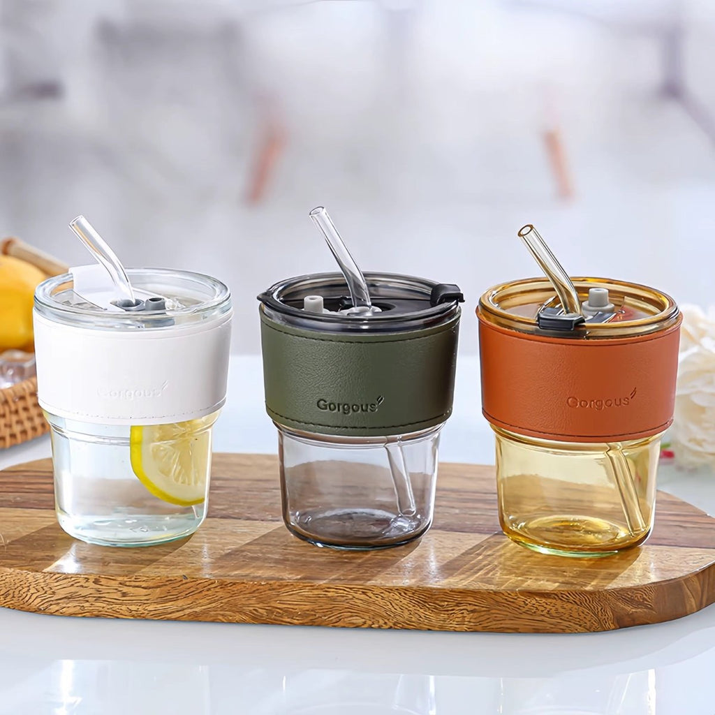 Nordic Glass Mug With Lid & Straw - 450ml - Home Phase