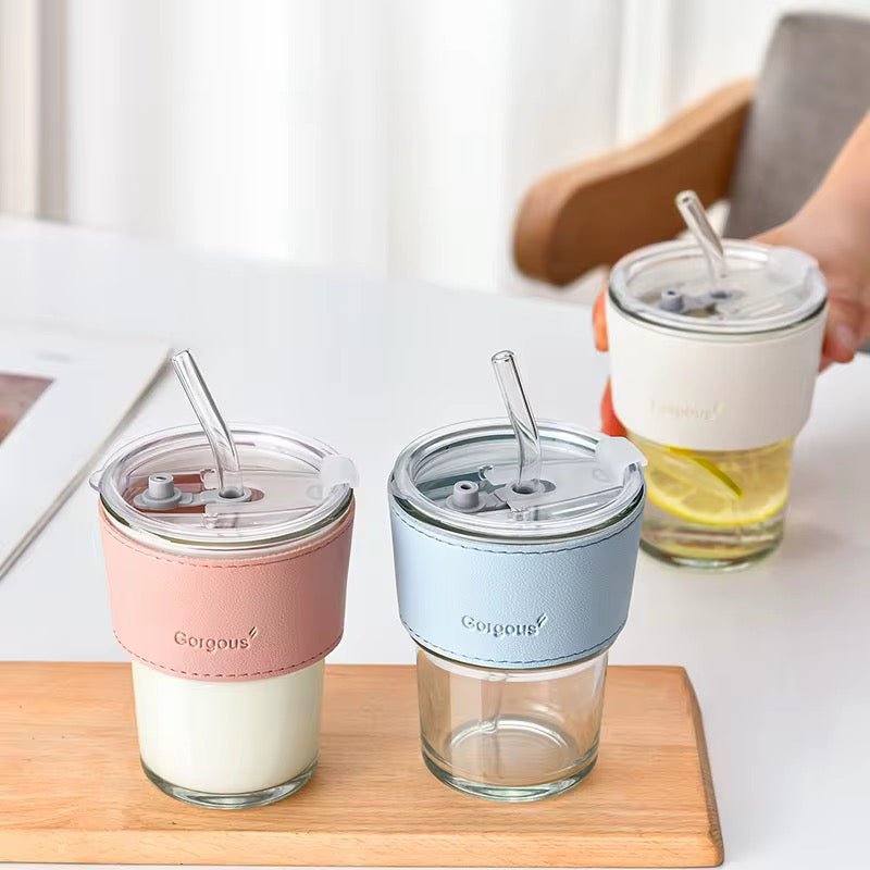 Nordic Glass Mug With Lid & Straw - 450ml - Home Phase