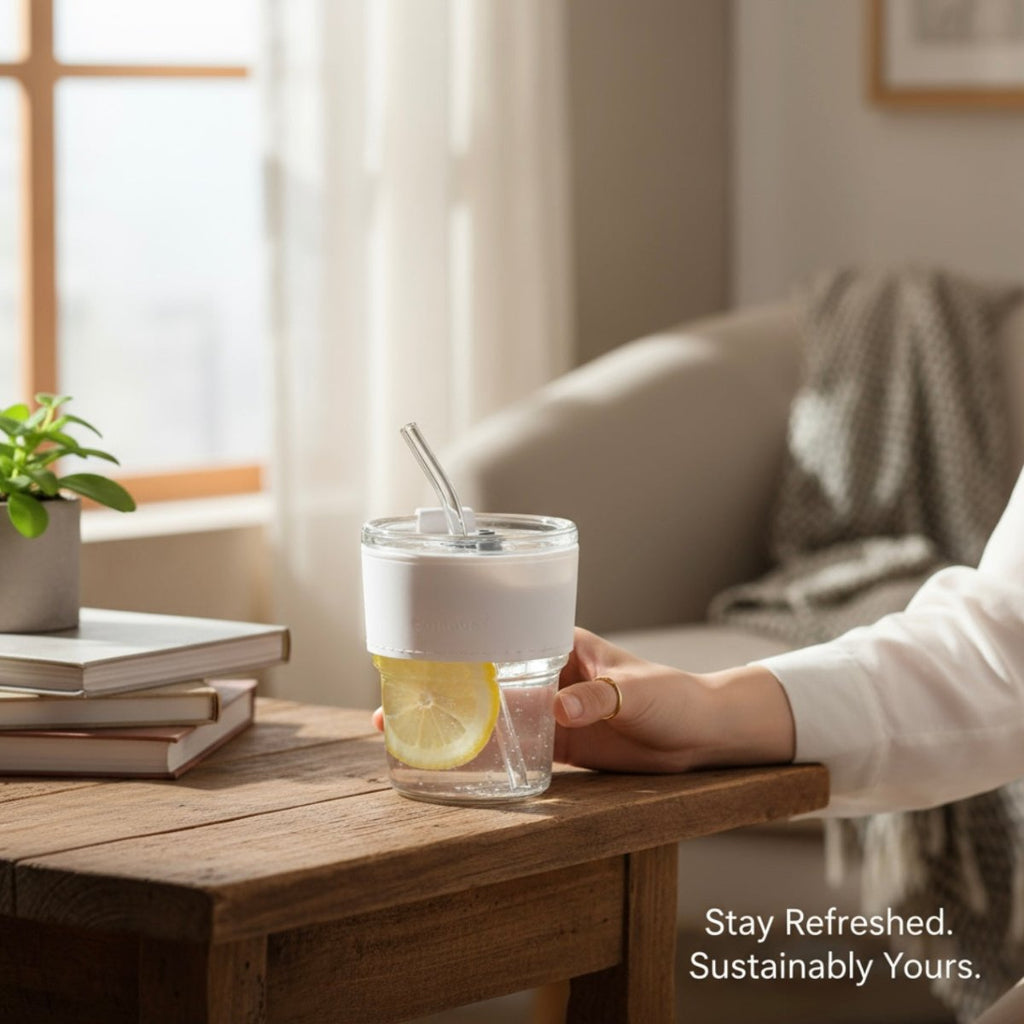 Nordic Glass Mug With Lid & Straw - 450ml - Home Phase